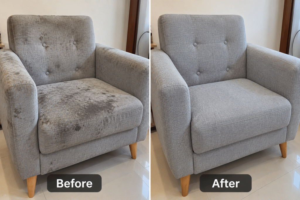 Detail Pembersihan Sofa Profesional — Pembersihan dengan perhatian pada area dudukan, sandaran, dan bagian yang sering digunakan.