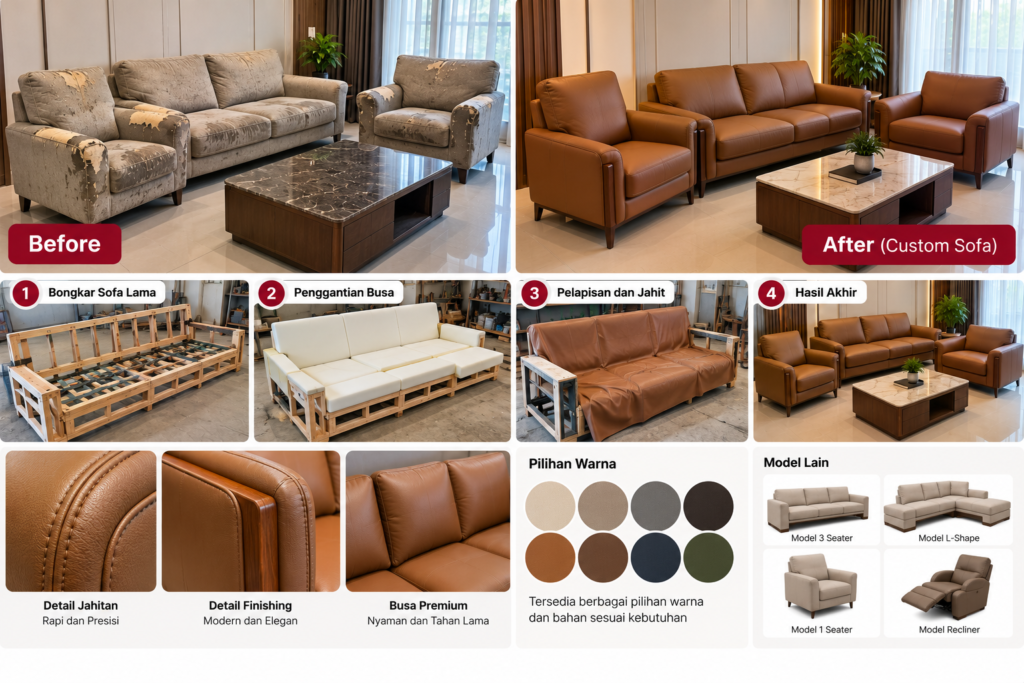 Proyek Sofa Eksklusif — Sofa dengan desain dan detail khusus yang disesuaikan dengan karakter ruangan untuk menciptakan kesan elegan dan berkelas.
