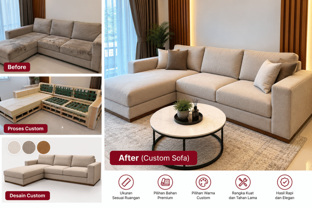 Custom Sofa Sesuai Karakter Ruangan — Setiap detail dirancang untuk menyelaraskan ukuran, warna, dan model sofa dengan konsep interior agar ruangan terasa lebih harmonis.