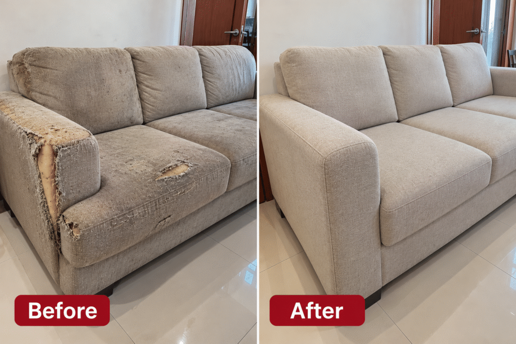 Pembaruan Pelapis Sofa Kulit — Mengganti pelapis kulit sintetis yang mengelupas dengan material baru untuk memperbarui tampilan dan kenyamanan sofa.